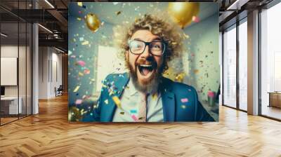 Joyful businessman celebrating man having a business party having fun in the office Wall mural