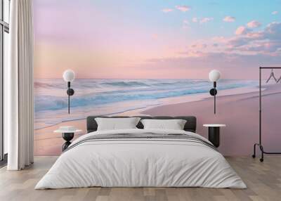 Nature sea landscape background, beautiful serene beach with waves at sunrise, soft pastel colors Wall mural