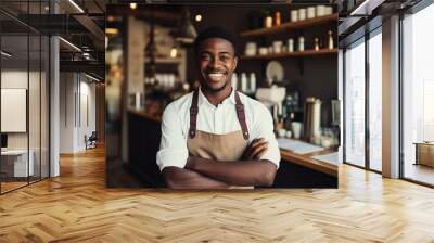 Portrait happy smiling African man barista, coffee house or cafe worker, young waiter in coffee shop Wall mural