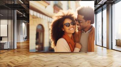 Portrait of happy smiling young black couple enjoys a summer walk in sunny city Wall mural