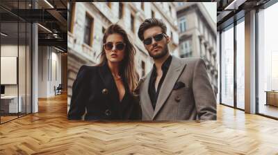 Portrait of stylish beautiful woman and man in suit in the city, modern young couple on city street Wall mural