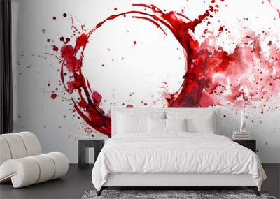 A circular splash of red paint with splatters and drips, creating an artistic and dynamic effect on a white background. Wall mural