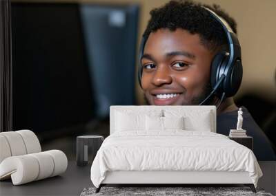 Capturing a dedicated black customer service rep in a modern call center, displaying professionalism and friendliness with a headset and computer Wall mural