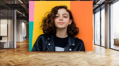 Stylish teenager with curly hair strikes a pose against a vibrant backdrop, sporting a black leather jacket and a black and white t shirt Wall mural