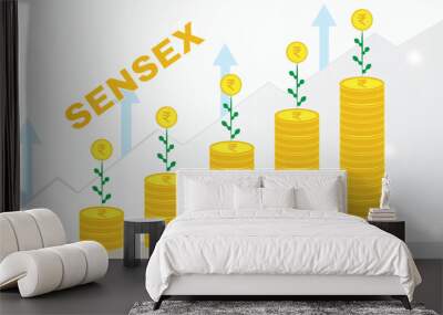 Sensex Index Growth Illustration with Growing Bar Graph of Stacks of Indian Rupee Symbols and Increasing Arrows  Wall mural