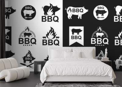 Barbecue logo, stamp, emblem with pig, fire and bbq tools. Vector flat set of a pork silhouette isolated on white and black background. Wall mural