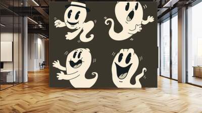 Cute cartoon ghosts vector set. Halloween funny vintage character monster isolated on background. Wall mural