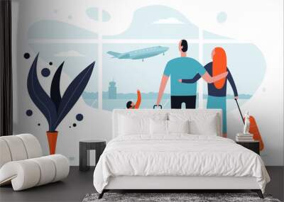 Family in the airport terminal with luggage. Passengers and travel vector cartoon flat concept illustration. Wall mural