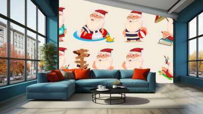 Summer Santa Claus in shorts on beach vector set. Cute cartoon character for Christmas design isolated on background Wall mural