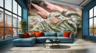 Detail shot with american flag on soldier uniform, giving the honor salute during military ceremony Wall mural