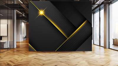 Black and yellow overlap background. Texture with dark metal pattern. Modern overlap dimension vector design. Futuristic perforated technology abstract background with yellow glowing lines Wall mural