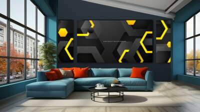 Black and yellow overlap background. Texture with dark metal pattern. Modern overlap dimension vector design. Futuristic perforated technology abstract background with yellow glowing lines Wall mural