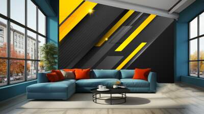 Black and yellow overlap background. Texture with dark metal pattern. Modern overlap dimension vector design. Futuristic perforated technology abstract background with yellow glowing lines Wall mural