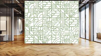 Green and white outline geometric mosaic seamless pattern illustration with creative nature shapes banner. Fresh organic background. Minimalist environment shape texture, geometry collage. Wall mural