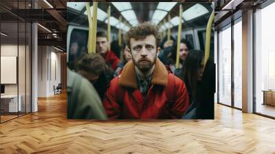 A sad depressed and alienated man makes his routine subway trip to work in the office Wall mural