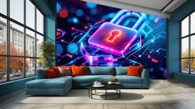 Cybersecurity Shield: Neon Padlock Icon, Futuristic Digital Protection Wall mural