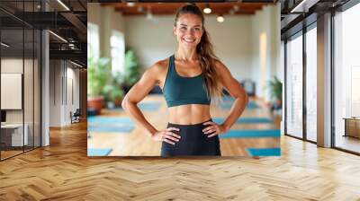 Smiling Woman in Sportswear at Home Wall mural