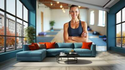 Smiling Woman in Sportswear at Home Wall mural