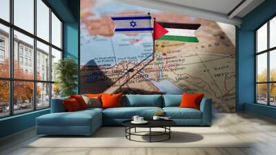 Israel and Palestine flags on geopolitical Map. Gaza strip and West Bank. War conflict Wall mural