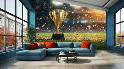 A Golden Trophy Surrounded by Confetti and Stadium Lights Wall mural