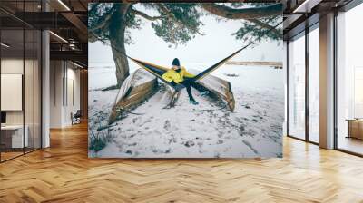 Winter landscape with woman in hammock Wall mural