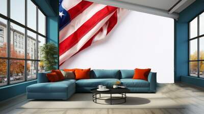 closeup ruffled american flag isolated on white background Wall mural