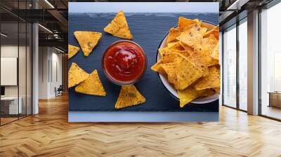 corn chips nachos and salsa sauce isolated on white background top view flat lay creative layout Wall mural