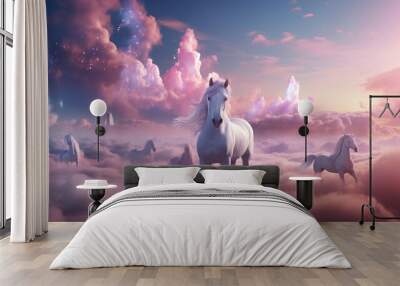 white horses in a pink landscape made of clouds, fantasy Wall mural