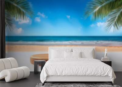 wooden podium with copy space for product display presentation on palm beach and blue sky background tropical summer and vacation concept graphic art design Wall mural