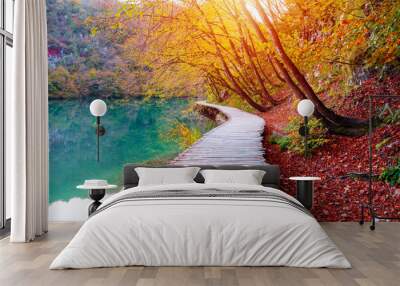 Famous Plitvice lakes with beautiful autumn colors and magnificent views of the waterfalls,  Plitvice national park Wall mural