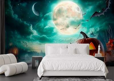 Jack-o'-Lantern and Full Moon Halloween Party Night Wall mural