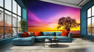 Beautiful tree on a grassy field with the breathtaking colorful sky in the background Wall mural