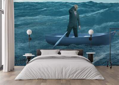 Man Adrift in tiny boat in binary ocean Wall mural