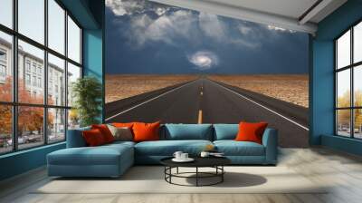 Road leads into desert toward galaxy above horizon Wall mural