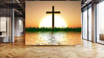 Sunset or sunrise with cross Wall mural