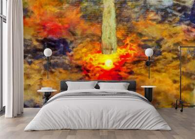 Surreal art. Christian cross above water surface. Vivid subset Wall mural