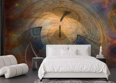 Surrealism. Man walks on stone road to Heaven. 3D rendering Wall mural