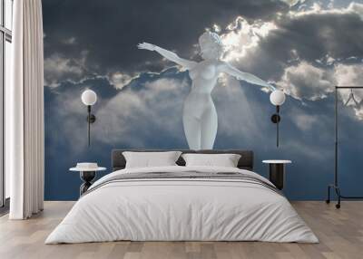 Surrealism. Woman's statue made of white stone in the sky Wall mural