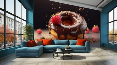 Chocolate donut sprinkled with crunchy chocolate bits on the table. Table covered with caramelized sugar and strawberry. Created with Generative AI technology Wall mural