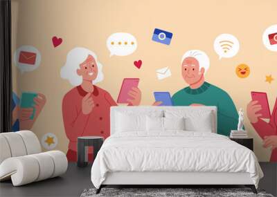 Tech-savvy elders using phones Wall mural