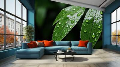 Green leaves with water drops after rain in a forest with a dark background in a moody photo. Wall mural