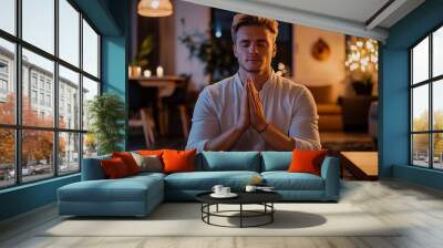 Man Meditating at Home Wall mural