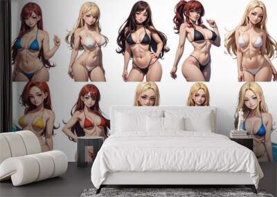  Set of Cute sexy woman in bikini swimsuit. Collection of png illustrations, isolated transparent background anime style cartoon collage Wall mural