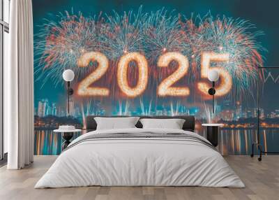 2025. Happy New Year. Fireworks and sparks against the night sky with the numbers of the coming 2025 Wall mural