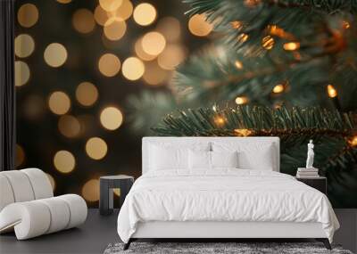 A Christmas tree decorated with a garland. Blurred background, bokeh. Wall mural