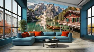 A cozy cabin rests on the tranquil shores of a lake, with a small boat tied up and majestic mountains in the background, illuminated by warm autumn sunlight Wall mural