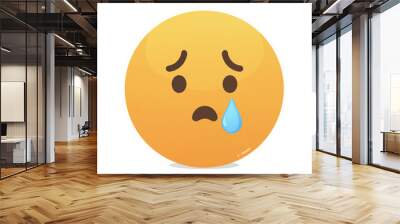 A flat design emoji with a tear rolling down its cheek, conveying sadness and disappointment. The rounded, yellow face has furrowed brows and a frown. Wall mural