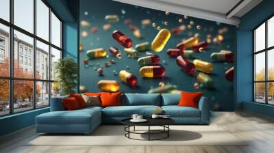 A group of antibiotic capsules falling. Healthcare and medical 3D. colorful pills Wall mural