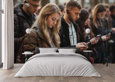 A group of young peoples  stand at the bus stop, each looking at their smartphone. Wall mural