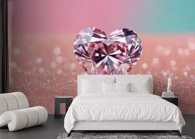 A heart-shaped diamond rests on a table, catching the light with its sparkling facets Wall mural